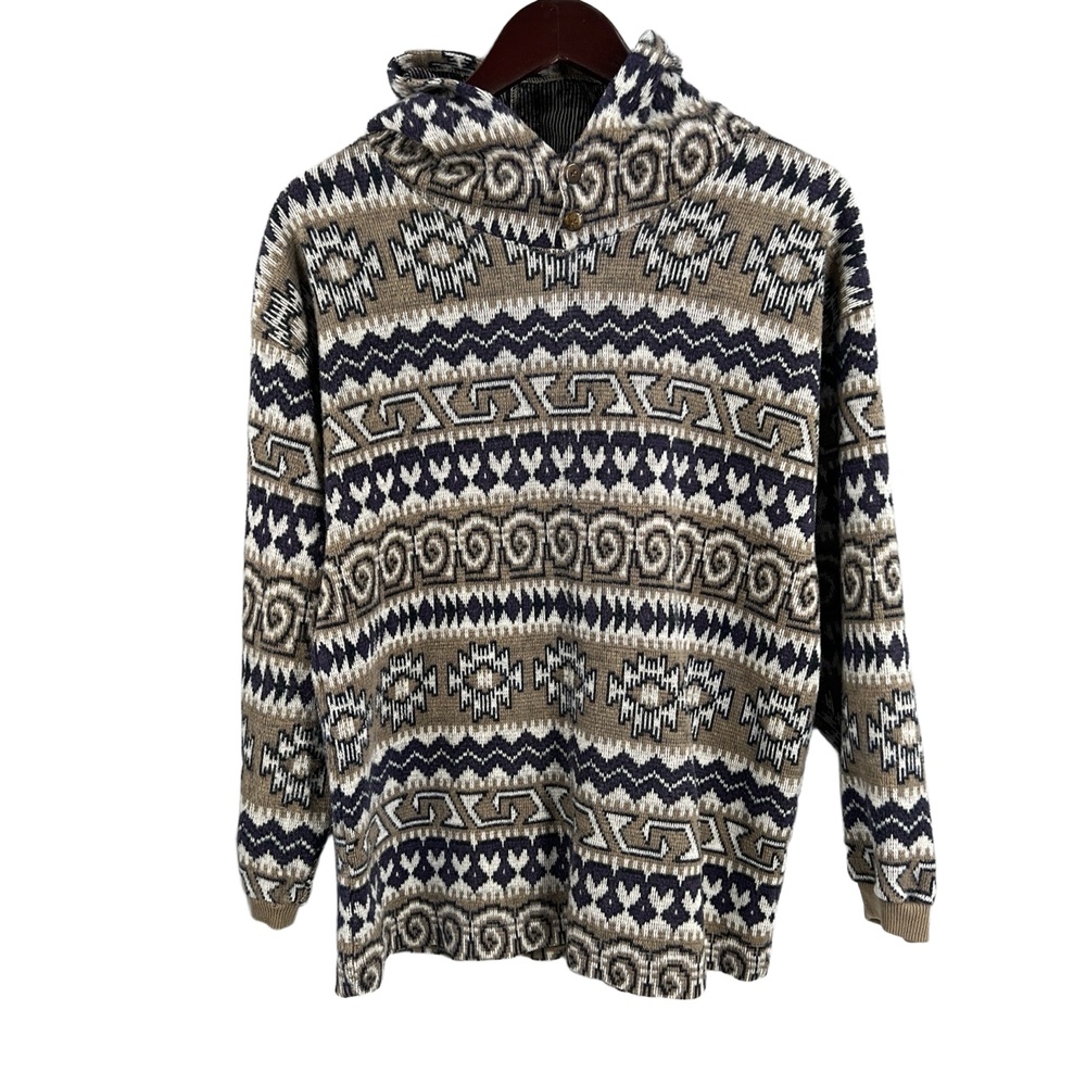 Vintage Men’s Sweater Multicolor Patterned‎ All Over Print Hood Pullover Medium